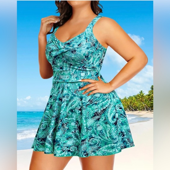 Tempt Me Blue Purple Foliage Swim Dress 1-Piece Size 16W NWT Adjustable Cups - Picture 2 of 7